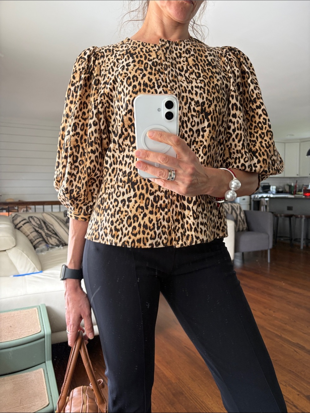 Zara Leopard Print Puff Sleeve Blouse - Tan, Black